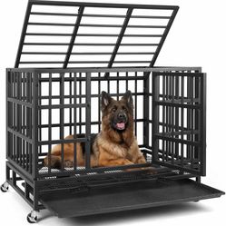 38” Heavy Duty Indestructible Dog Crate, High Anxiety Dog Crate, Escape Proof Dog Cage Kennel with 4 Lockable Wheels, Double Sturdy Locks, Double Door