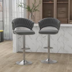 Adjustable High Back 360° Velvet Swivel Bar Stools, Gray (Set of 2)