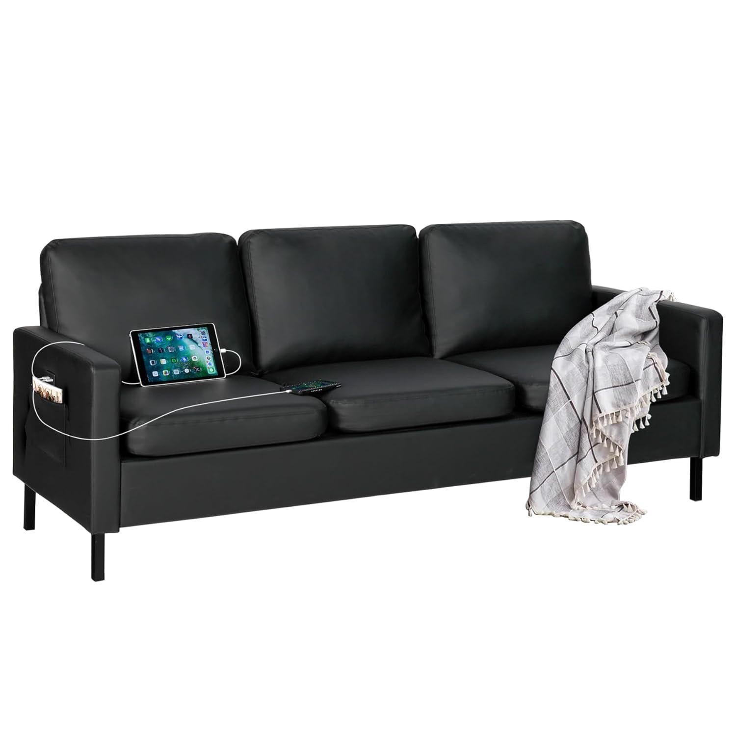 72" W Faux Leather Black Sofa 3 Seat Couch, Modern Comfy Couch with 2 USB, Small Couches for Living Room Apartment Bedroom Small Spaces, Office(Black 