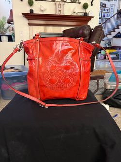Coach Orange Patent Leather Perforated Logo Tote w/ Crossbody Strap