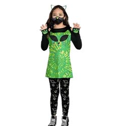 Cosmic Kitty Costume Set - Black, Green & Yellow Polyester Spandex - Perfect for Parties, Halloween & Dress-up🆕✅NEW• Size: L