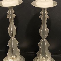 Set Of 2 Silver Color Metal Tree Like Candle Sticks H 13” Including Candles