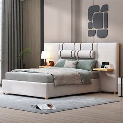 NEW. Color Beige.Full-Size Upholstered Velvet Platform Bed with Dual Outlets, USB Ports, Bedside Pillows, and Storage Shelves