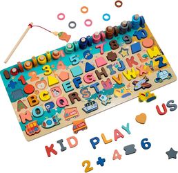 Wooden Alphabet Puzzle All in One Letters Shape Number Matching Board Montessori Educational Early Learning Toy for Preschool Kids