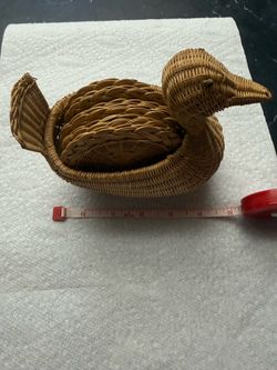 Vintage Wicker Duck Coaster Holder Set with 6 Coasters Boho 1970s Cottagecore