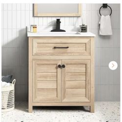 Hanna 30 in. Single Sink Weathered Tan Bath Vanity with White Engineered Stone Top (Assembled)
