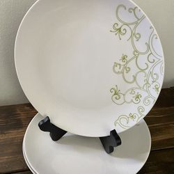 Rachael Ray CURLY-Q Green Scrolls White 10.5” Dinner Plates Set Of 3