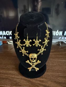 Halloween Gold Skull and Crossbones Necklace and Earring Set