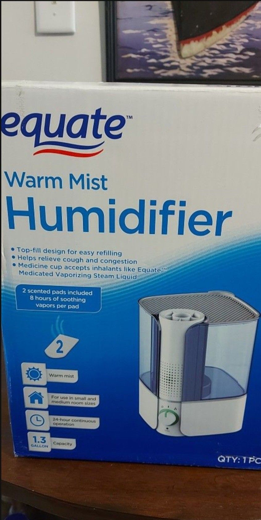 Humidifier Equate Warm Mist Humidifier, Visble, FIlter Free, White & Blue, Top Fill, 1.3 Gallon, Big Water Capacity