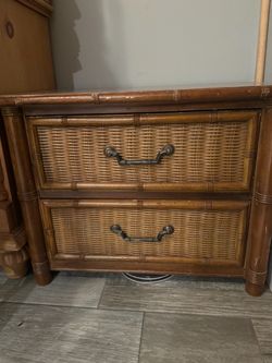 Vintage Thomasville Faux Bamboo & Wicker Nightstands - Matching Pair