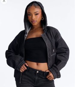 Black Zip-Up Hooded Jacket with Contrast Stitching