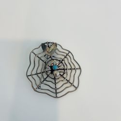 Vintage Navajo Indian Silver & Turquoise Spider On Web Pin Brooch 