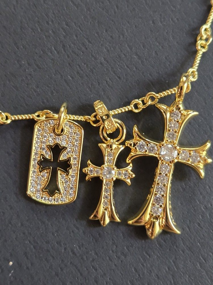 Chrome Hearts Cross Pendant Charm Necklace Chain Dogtag Yellow Gold Plated