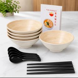Ramen Bowls 49Oz Large Matte Unbreakable Melamine Japanese Style w/ Spoons 4PCS