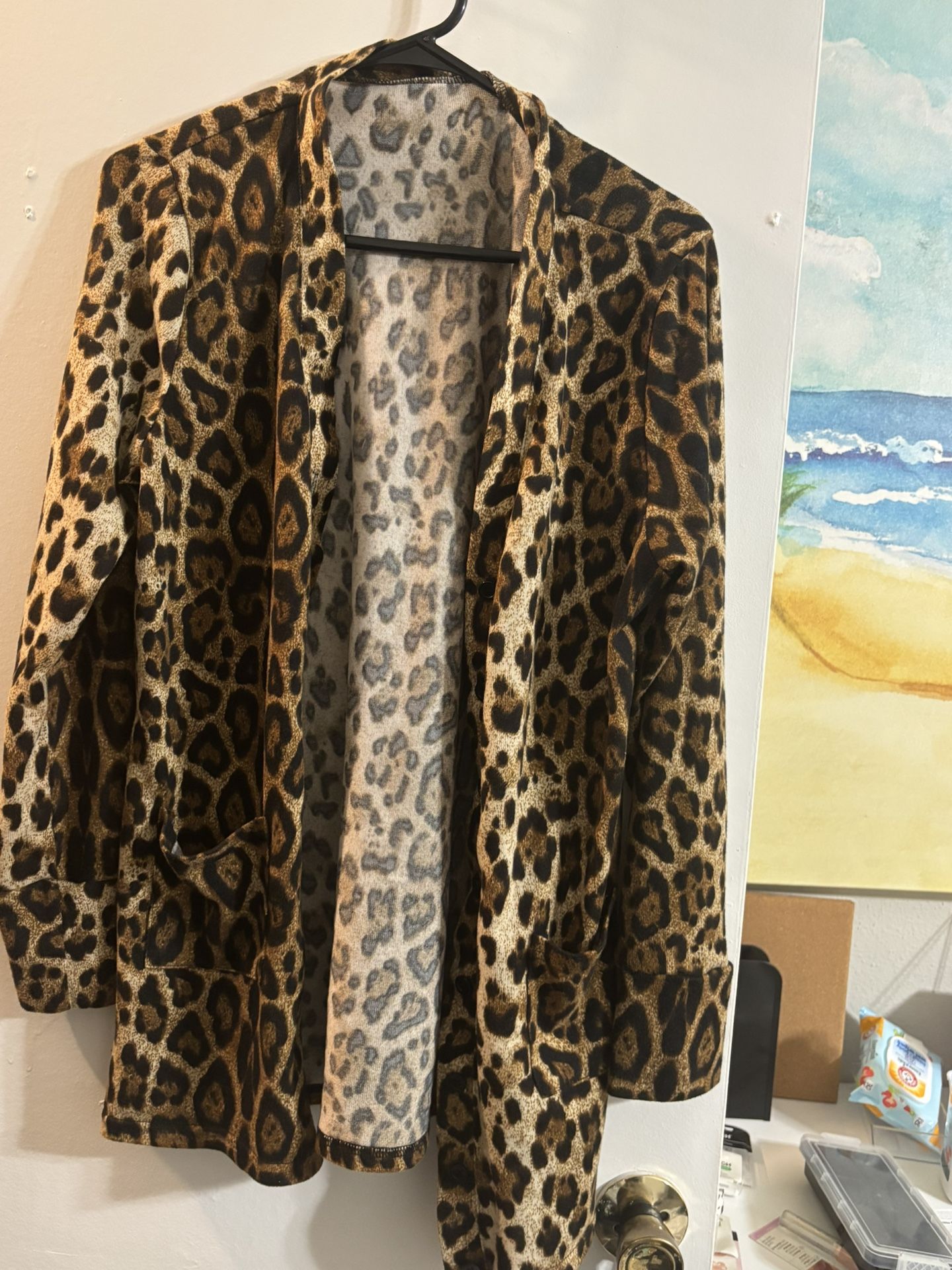 Leopard Print Open Front Cardigan Sweater Brown Black Beige Knit L Long Sleeve $25