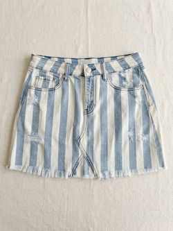 Striped Denim Mini Skirt with Distressing