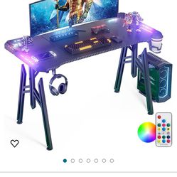 Aquaman Gaming Desk with LED Lights - Ergonomic RGB Gaming Computer Table, 47 inch Carbon Fiber Surface Computer Desk PC Workstation with Cup Holder &