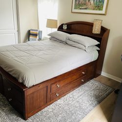 Wooden Full Size Bed Frame Headboard with Drawers 