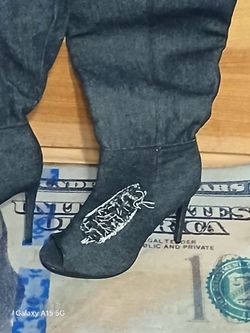 Black Denim Peeptoe Size 9 Thigh High Boots