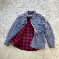 Distressed Eddie Bauer Outdoor Flannel Lined Blue Grey Shirt Jacket Shaket Sz Large
