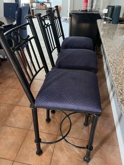 Black Metal Bar Stools with Blue Cushions – Set of 3