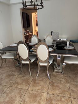 Black Glass Dining Table with 6 Chairs