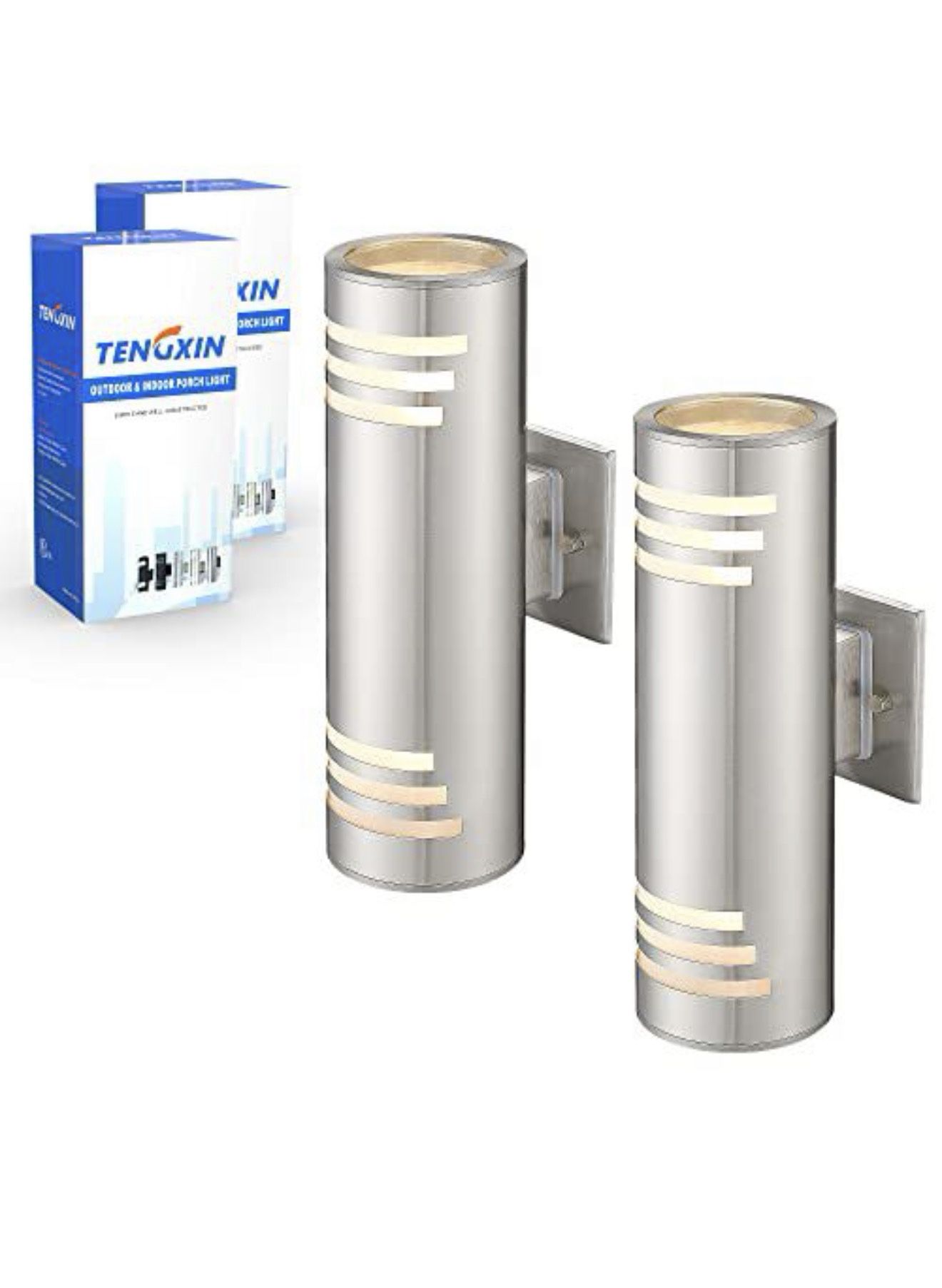 TENGXIN 2 Pack Outdoor Wall Light,Up Down Modern Outdoor Wall Sconce with Stainless Steel Cylinder,Brushed Nickel Exterior Lighting Fixtures