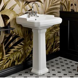23"W x 19"D Classic Vintage Bathroom Pedestal Sink, Los Flexi 23 Inch White Ceramic Freestanding Sinks for bathrooms, Overflow, 3 Pre-Drilled Holes fo