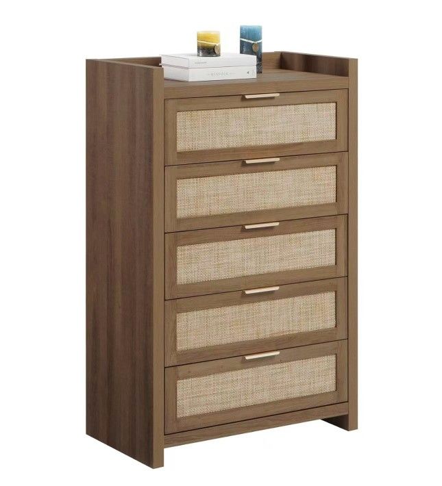 DREWA10002OA new in box Dresser for Bedroom Chest of Drawers 46" Tall Dresser for Closet with 5 Rattan Drawers Boho Night Stand Large Clothes Storage