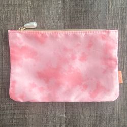 New Pink Tie-Dye Satin Zip Pouch Clutch Cosmetic Bag with Faux Pearl Charm