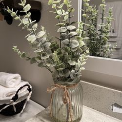 Rustic Faux Eucalyptus Plant In Clear Glass Vase 