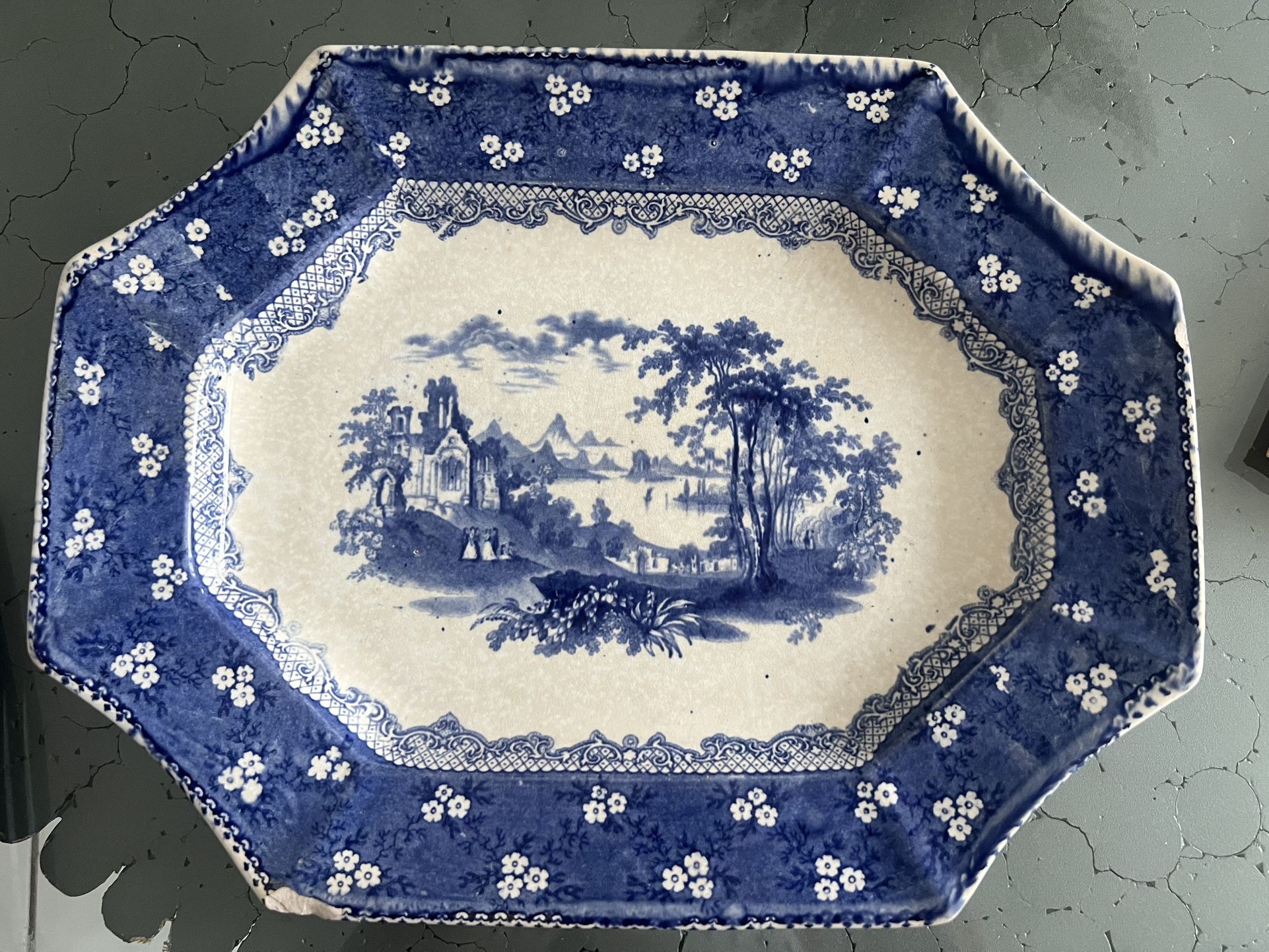 Antique Mid 19 Century Blue Porcelain Transfer ware Platter Features English Abbey in ruined state 13.5x10.5” some chips and scratches