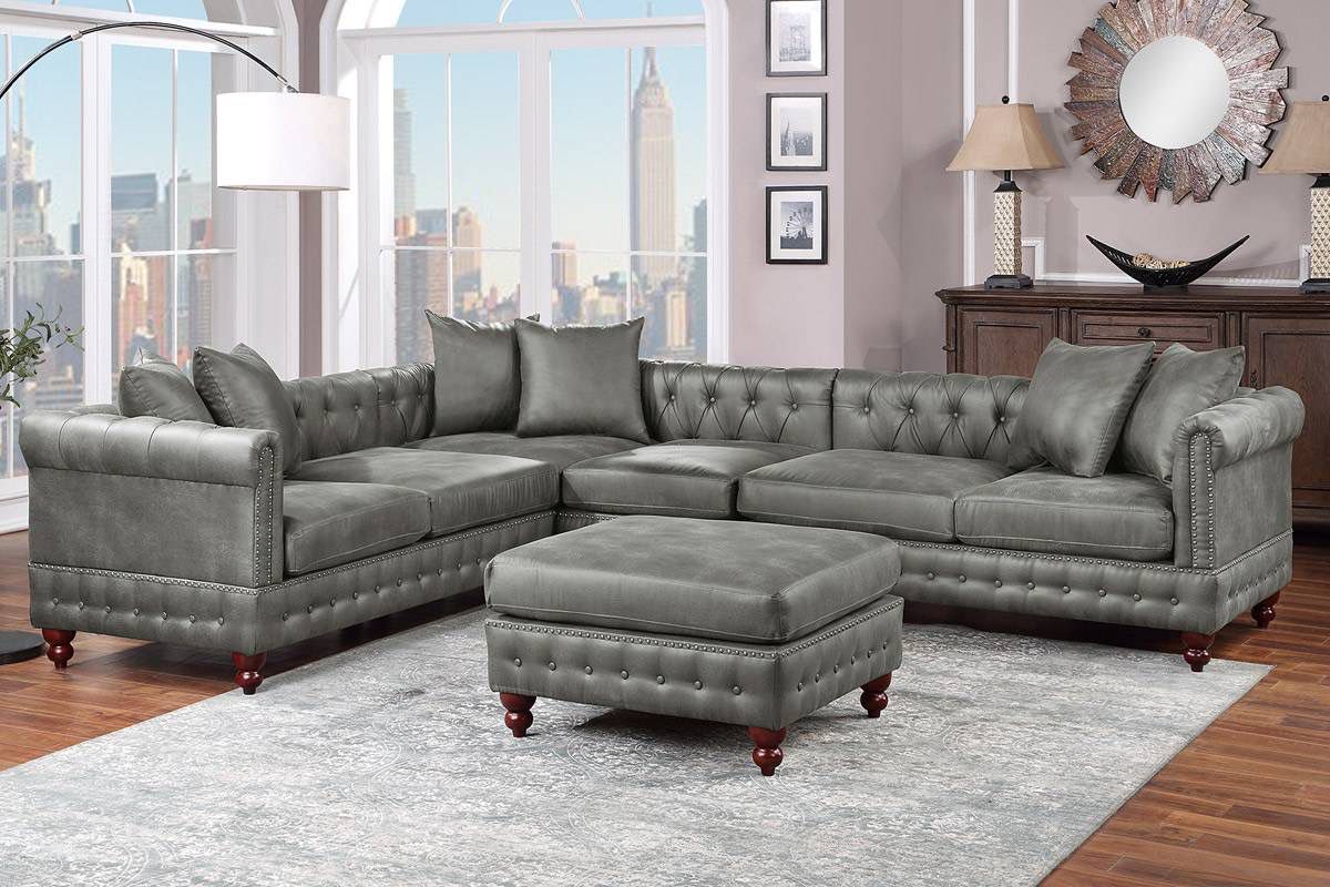 Gray Leatherette Sectional Sofa With Ottoman (Free Delivery)