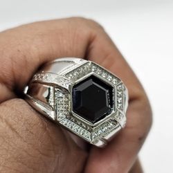 Stainless steel mens ring with black cubic zirconia