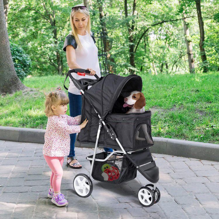 Foldable Pet Stroller, Cat/Dog Stroller with 3 Wheel, Pet Strolling Cart, Dog Travel Carrier with Storage Basket + Cup Holder, Black