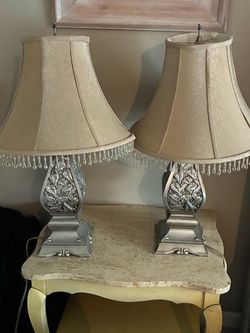 Pair of Silver Ornate Table Lamps with Shades