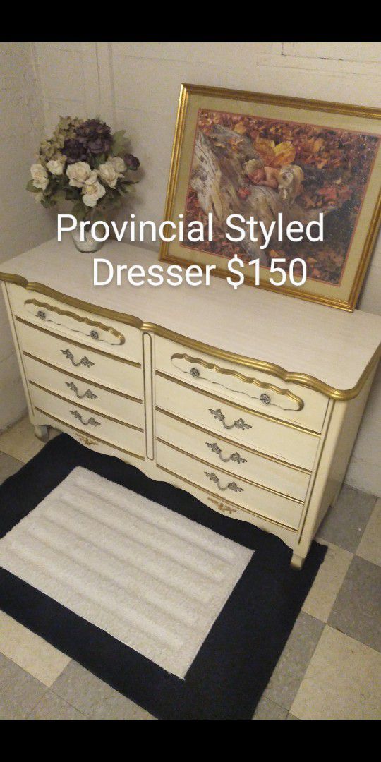 Provincial Styled Dresser w/ Antique White & Gold Trim