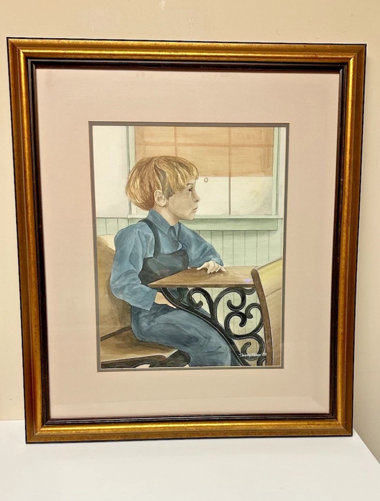 Folk Art Watercolor Painting of Amish Boy in School Framed