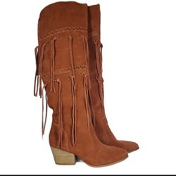 Mojo Moxy burnt orange Toreador suede over the  knee fringe Leather Boots 