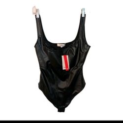 New Tag Popilush  M Womens Black Faux Leather Bodysuits Shapewear Lingerie