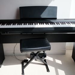 Yamaha P-125 digital piano with pedals, stand, and stool