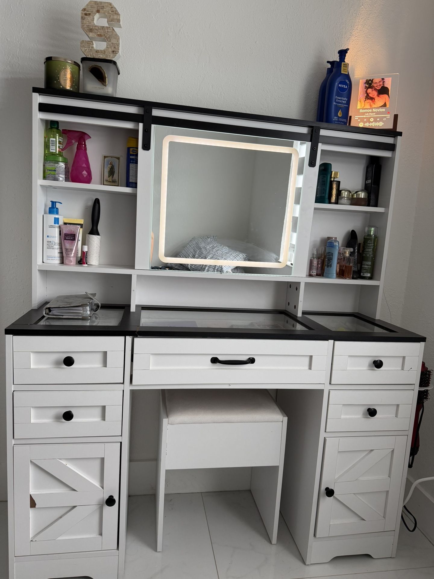 White Vanity With Lights And Sliding Mirror
