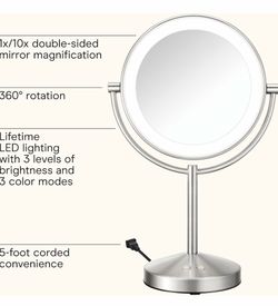 Conair LED Vanity Mirror, Double-Sided, 10x Maginification, Satin Nickel Lighted makeup mirror with 3 color modes, 360° rotation, a satin nickel finis