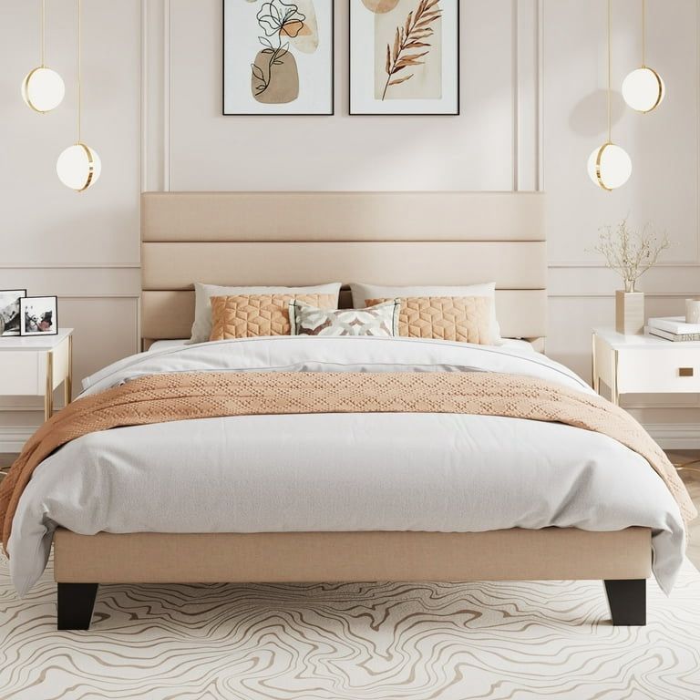Queen Size Bed Frame, Platform Bed Frame with Fabric Upholstered Headboard, Beige