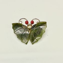 Vintage  1950s Jade And Coral Moth Brooch.