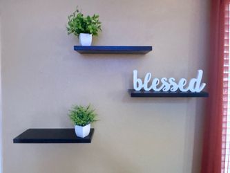 3 Floating shelves, 2 faux plants and 1 wooden wall decor