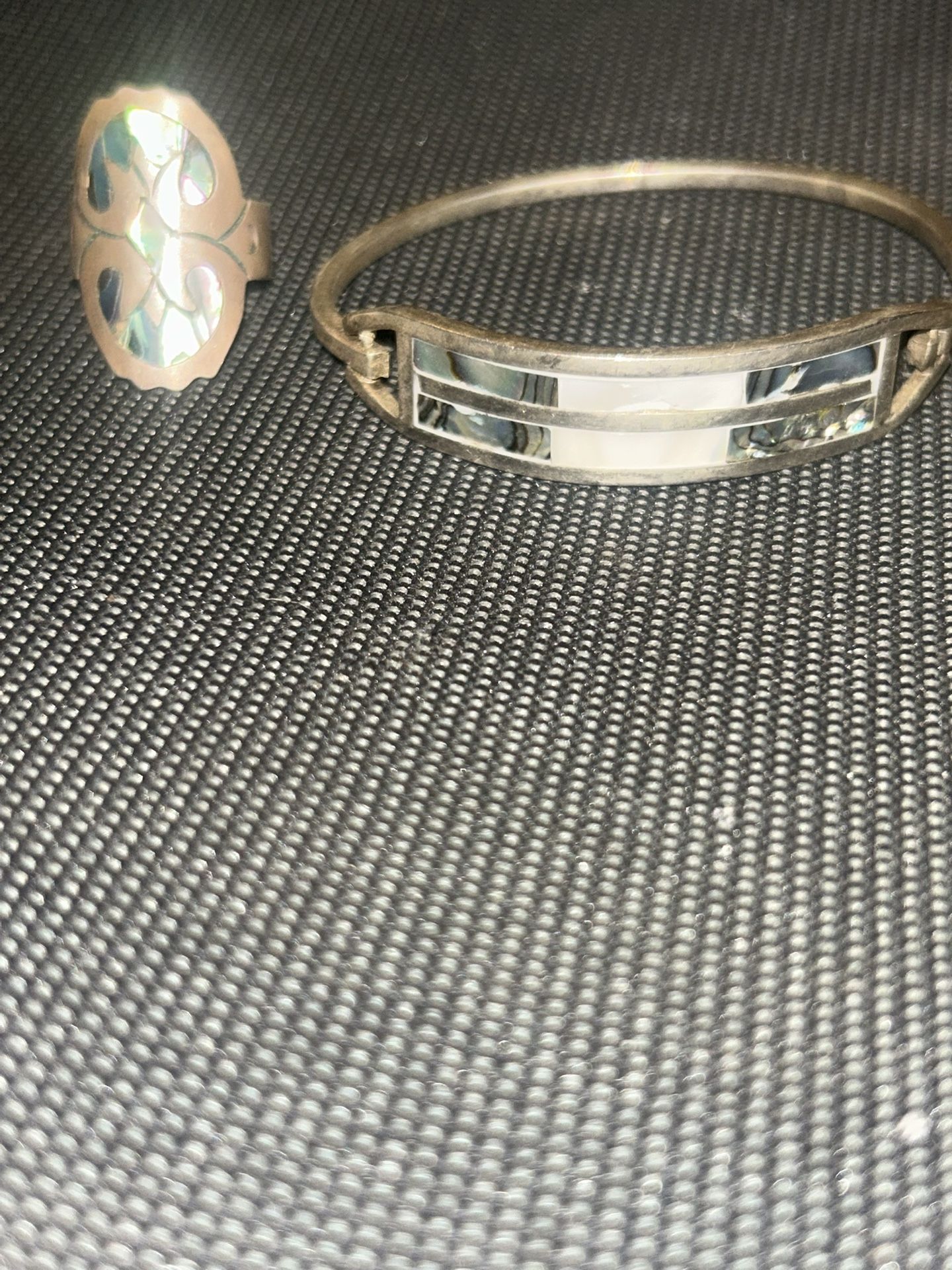 Vintage sterling silver with abalone inlay cuff bracelet and ring