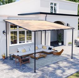 10x12 Lean to Pergola Outdoor Gazebo with Water Resistant & UV-Resistant, Sloped Roof Awning Wall-Mounted Canopy for Patio Backyard, Deck