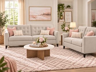 Mid Century Modern Sofa + Love Seat Set Beige - BRAND NEW (2 Pieces)