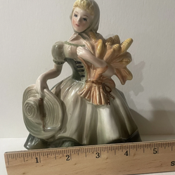 Lefton Japan Matilda 1685A Vtg. RARE Lady Green Dress/Wheat Planter Vase